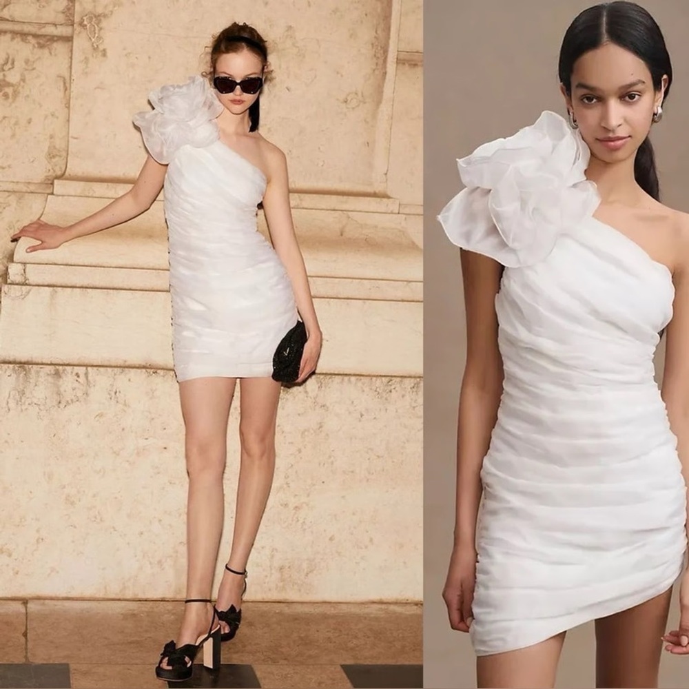BHLDN Anthologies White One Shoulder Mini Dress Size 8